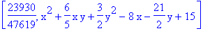 [23930/47619, x^2+6/5*x*y+3/2*y^2-8*x-21/2*y+15]